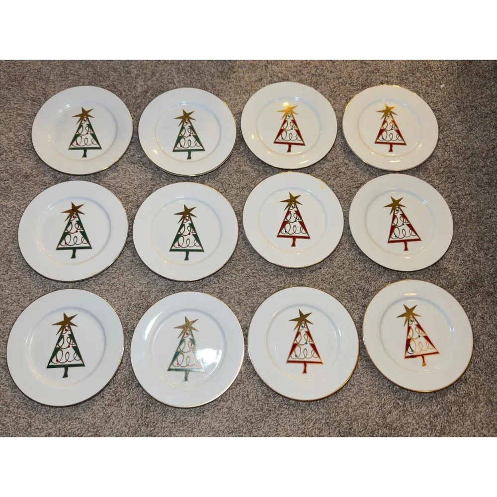 Pier 1 Plate Set Porcelain Christmas Tree 7.5” Green Red Gold Trim LOT of 12